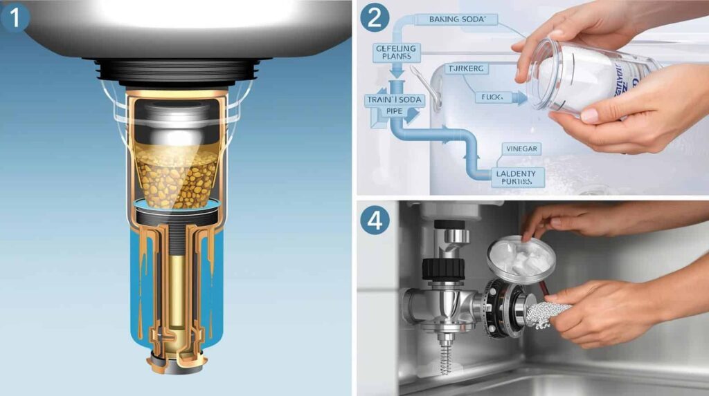 A homeowner pouring baking soda and vinegar into a kitchen sink drain