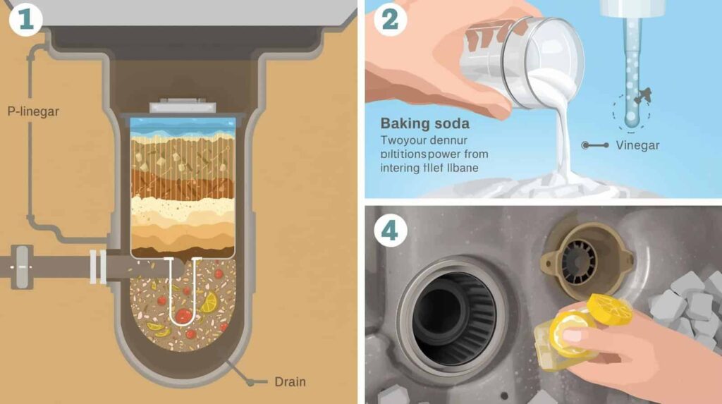 A cutaway diagram showing grease and food buildup inside a kitchen sink drain pipe