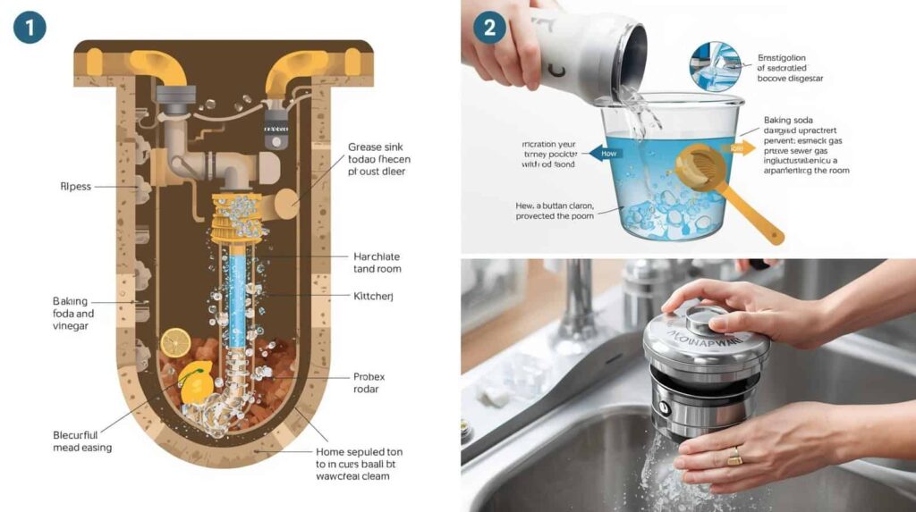 A simple labeled diagram showing a kitchen sink P-trap pipe blocking sewer gas