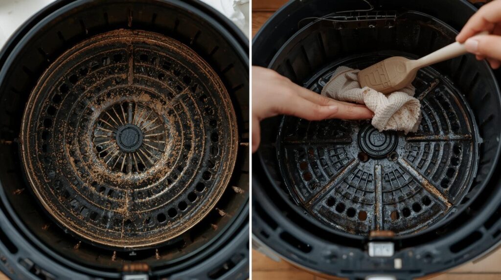 air fryer turned upside down showing heating coil and fan blades