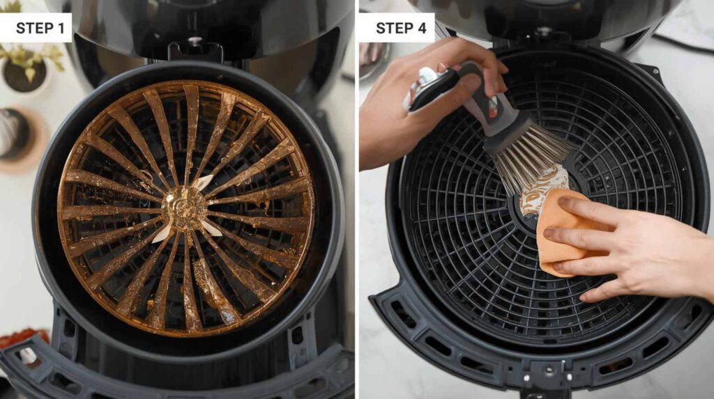 cleaning air fryer fan with soft brush close-up