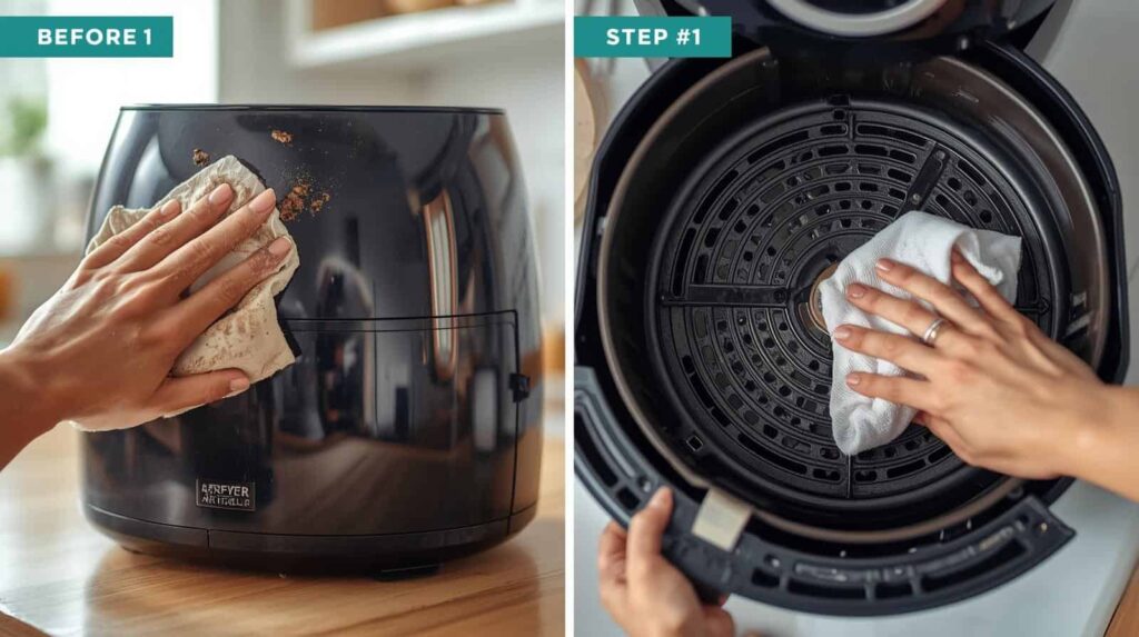 person unplugging air fryer in kitchen, safety step, close-up hands